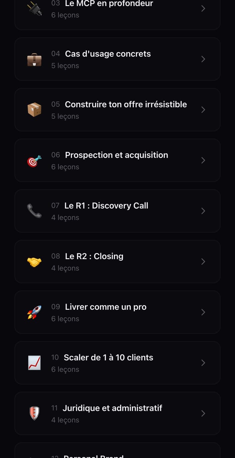 La liste des modules de la plateforme Sell Your Agents