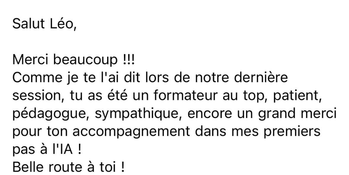 Mail d'un client remerciant Léo pour la formation