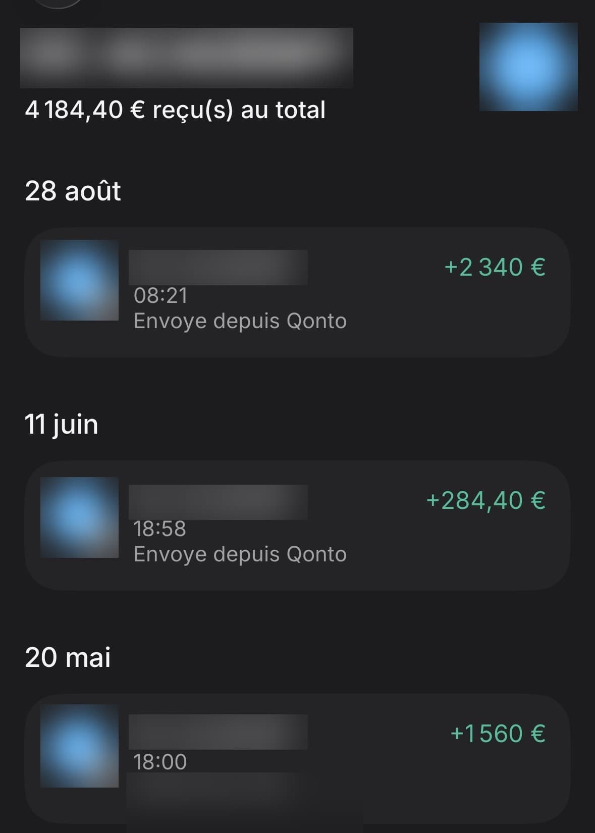 Virements reçus : +2 340 €, +1 560 €, +284,40 €