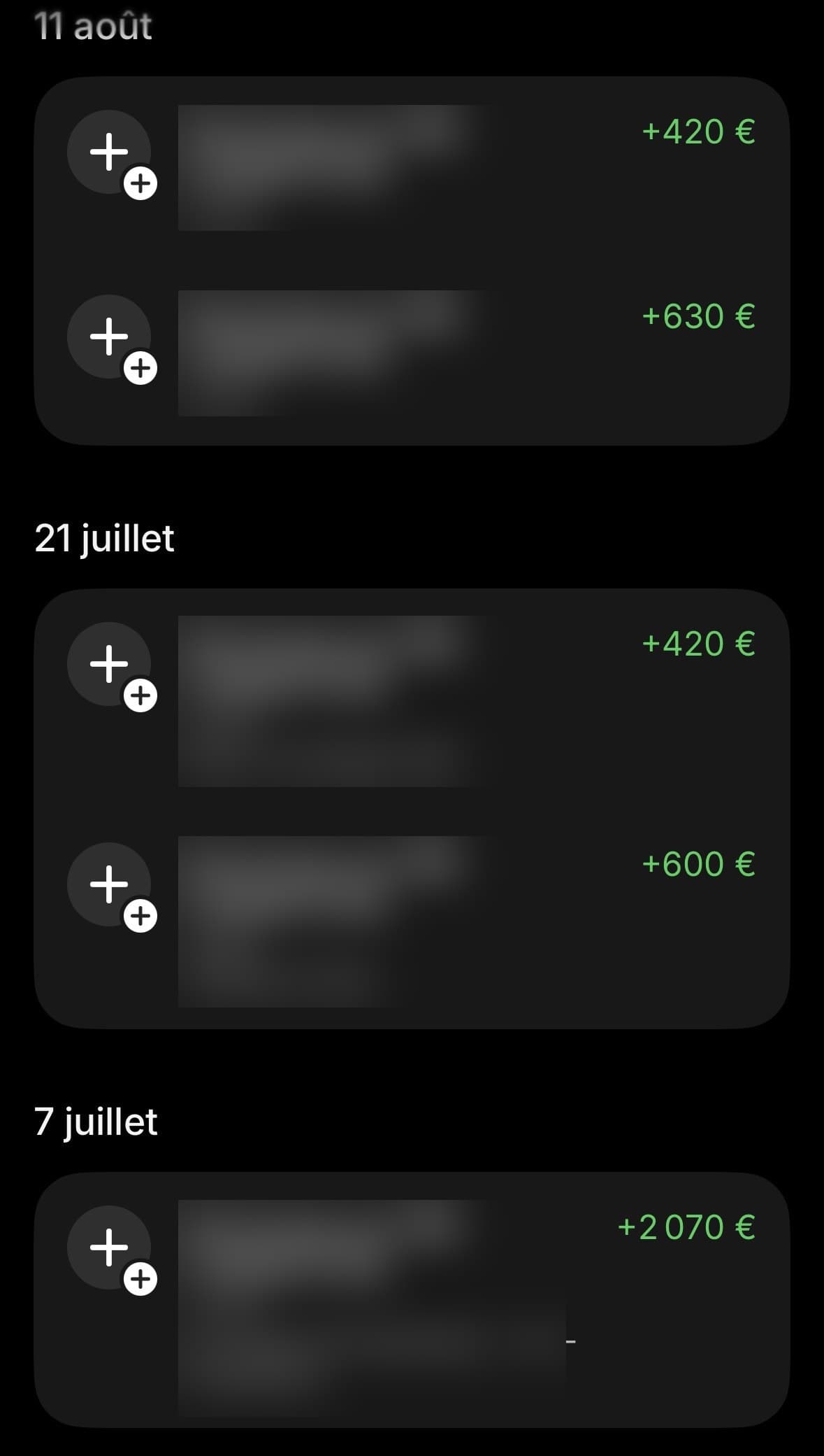 Virements reçus : +2 070 €, +630 €, +600 €, +420 €, +420 €