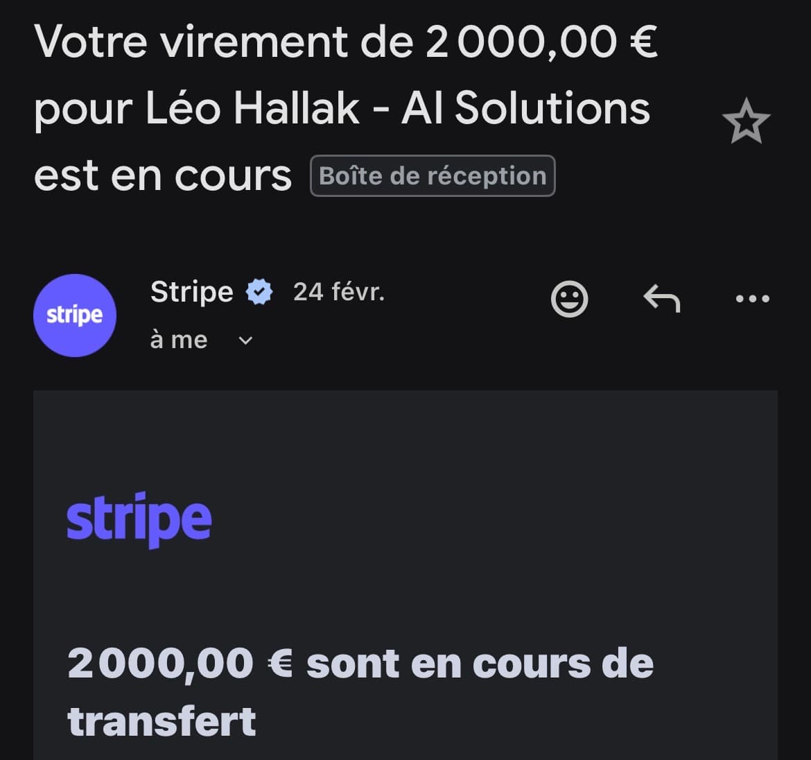 Paiement Stripe de 2 000 € reçu
